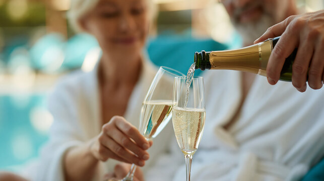 Faceless senior retired couple wearing robes pouring champagne and making toast relaxing by hotel pool on lounger on summer spa holiday, luxury vacation, toast moment, slow