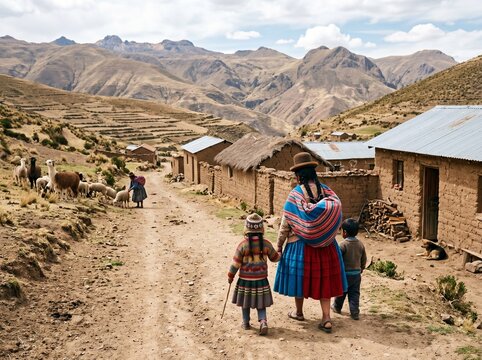 Rear view of an indigenous Peruvian woman and children in colorful traditional dress walking along a dirt path in a high-altitude Andean village with llamas and rugged mountains