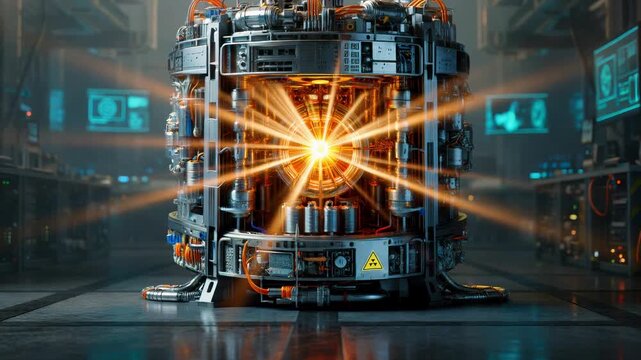 Advanced tokamak fusion reactor starting up inside a high tech laboratory, with its core glowing brightly and emitting powerful beams of light, representing a breakthrough in clean energy