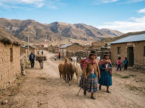 Traditional Quechua women wearing colorful pollera skirts and bowler hats walking with a herd of llamas through a remote Andean village in the mountains