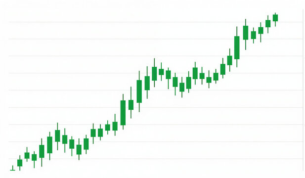 Green candlestick chart shows uptrend and price rise. Financial market analysis shows economic growth and investment profit. Business strategy success illustration.