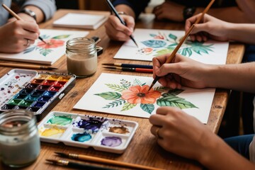 Fototapeta premium People paint flowers with watercolors on paper at a wooden table. Hands hold brushes, use color palettes and water jars. Artistic hobby in group or class.