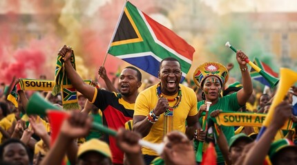 Obraz na płótnie Canvas South African Football Fans Celebrating a Historic World Cup Victory with Trophy, Flags, Scarves, and Vuvuzelas in a Festive Atmosphere.