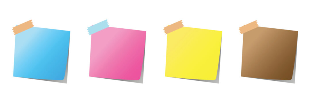 Playful arrangement of colorful sticky notes with curled corners. Stylized isometric sticky note with subtle shadow. Sticky note or post-it note icon set for reminders and office communication. 