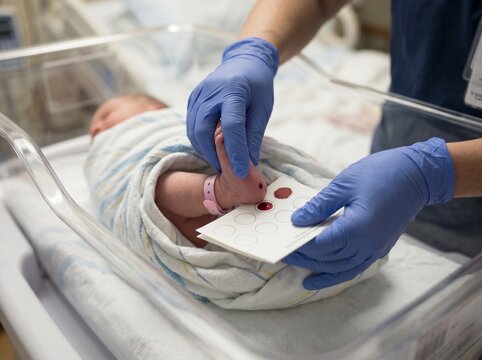 A healthcare professional in blue gloves performs a newborn screening heel prick test on a swaddled infant in a hospital bassinet, collecting blood on a filter paper card