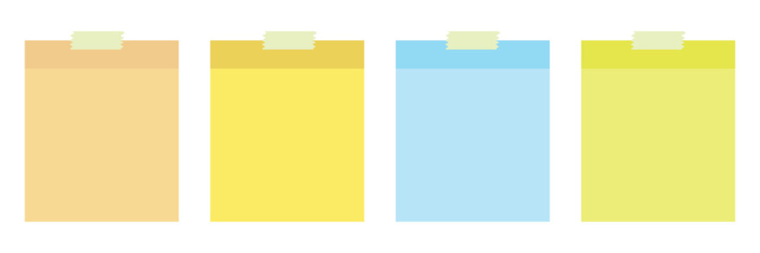 Sticky note with duct tape and a bent corner, post it note paper, memo reminder, sticky paper note. Isolated Sticky Note Illustration Set Yellow Memo Paper Collection with Tape Clip and Fold Effects. 