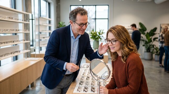 Optometrist helps customer choose new eyeglasses at optical shop with shelves of spectacles and mirror for trying on