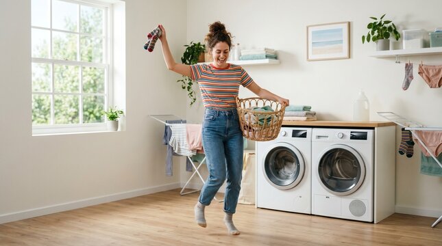 Young woman happily doing laundry holding a basket of clothes and socks in a bright modern laundry room with washing machine