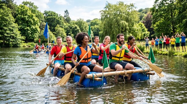Diverse group of friends laughing and paddling a homemade raft on a sunny day in a lush green forest lake