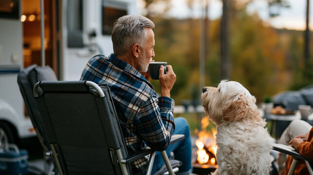 Rear view of faceless senior couple with pet dog camping in countryside in RV drinking coffee by outdoor fire, pet companionship, fireside moment, coffee beverage, with copy space