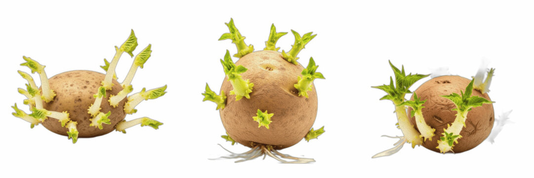 Set of Three Isolated Sprouted Potatoes, Raw Organic Vegetables with Fresh Green Sprouts on Transparent Background, High-Resolution Nature PNG Assets for Gardening, Farming, and Agriculture Design Pro