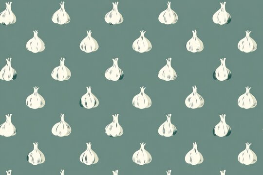 Minimal Garlic Seamless Pattern in Structured Grid Layout, Sage Green Packaging Background