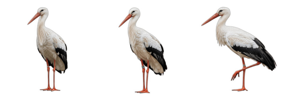 Set of Three Isolated White Storks, Realistic Bird Portraits with Long Beaks and Legs on Transparent Background, High-Resolution Nature PNG Assets for Wildlife Education and Graphic Design Projects