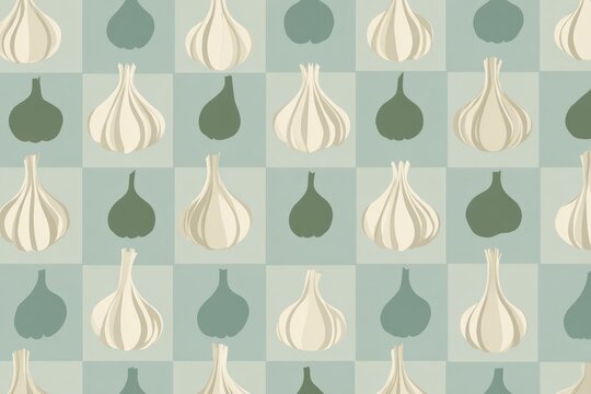 Minimal Garlic Seamless Pattern in Structured Grid Layout, Sage Green Packaging Background