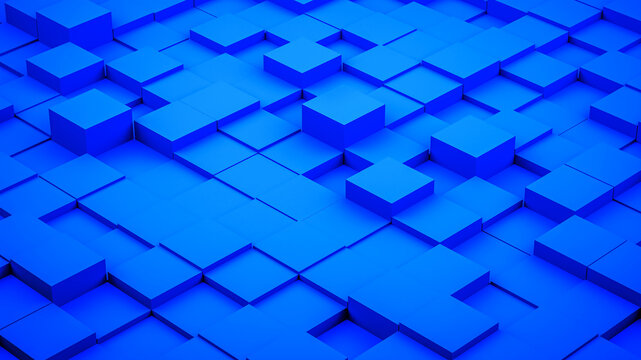 Abstract blue isometric 3D cubes background. Full frame digital technology block perspective grid pattern.