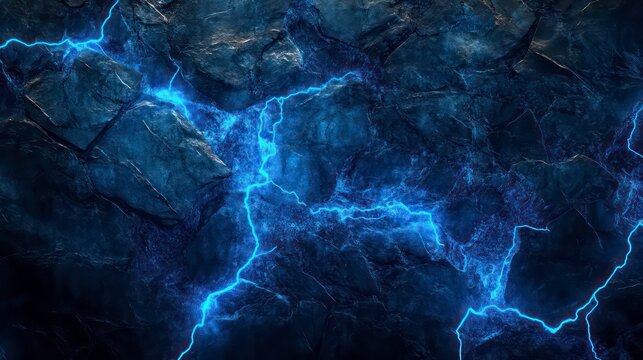 Abstract background with blue lightning cracks on a dark stone texture.
