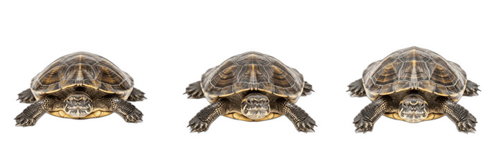 Obraz premium Isolated Turtle PNG Set. Realistic Pond Slider Reptile in Three Different Sizes Front View. Exotic Terrapin, Tortoise Shell, Amphibian Creature Element Clip Art Graphic for Educational Design Sublimat