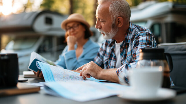 Faceless senior couple sitting outside rv reading travel guidebooks and planning next destination, travel planning, adventure preparation, map reading, with copy space