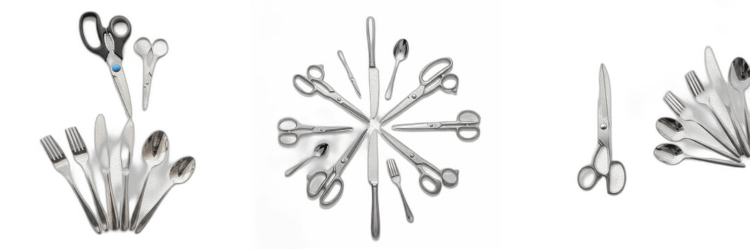 Stainless Steel Kitchen Utensils and Scissors Set Isolated on White Background PNG. Flatware, Silverware Cutlery, Spoons, Forks, Knives, and Shears Collection for Kitchenware Graphic Design and E-comm