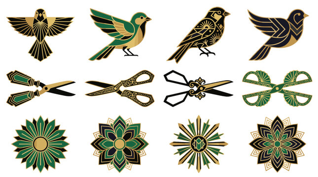 Collection of decorative bird and floral motifs with intricate designs
