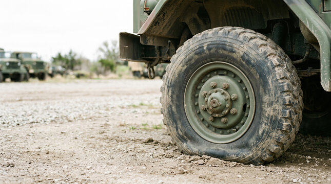 Army truck with flat tire on gravel surface, showcasing rugged off-road vehicle with deflated tire. Military vehicle readiness affected by flat tire situation
