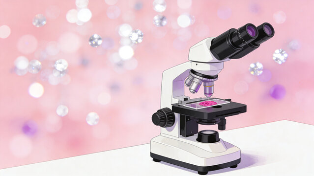 A scientific microscope sits on a white table against a pink background with silver stars.