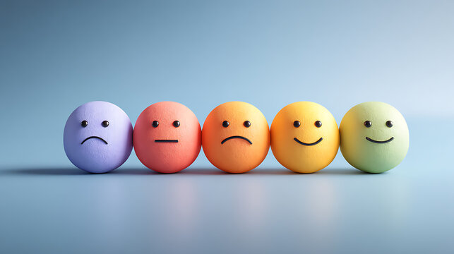 Emotional wellbeing concept with expressive faces showing mood progression from sadness to happiness, symbolizing mental health, resilience, recovery, positivity and growth