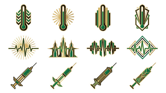 Set of vintage military insignia badges and medals with green accents