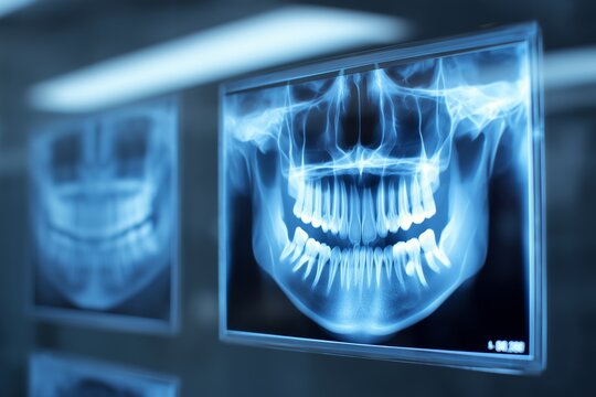 Panoramic dental x-ray displaying the full set of teeth and jawbone for diagnosis
