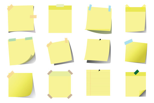 Yellow sticky notes arrange on white surface. The yellow sticky notes perfect for writing a reminder or important note on the work. Sticky note paper memo reminder office hand-drawn styles. Eps 10. 