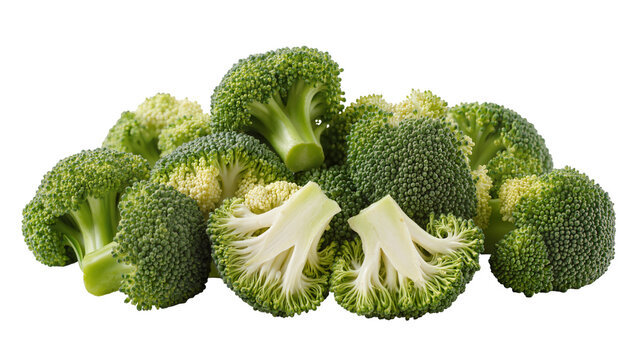 Isolated fresh green broccoli florets and cut halves, healthy raw organic vegetable ingredient.