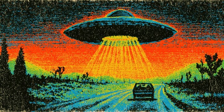 retro sci-fi poster, template s sci-fi mag inspired poster, illustrated flying saucer, desert highway, vintage textures, retro typography, cinematic gradients, ufo realism, detailed design