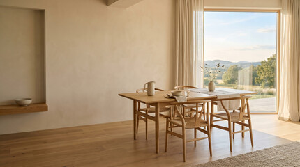 Fototapeta premium Minimalist wooden dining table in bright Scandinavian interior with mountain view