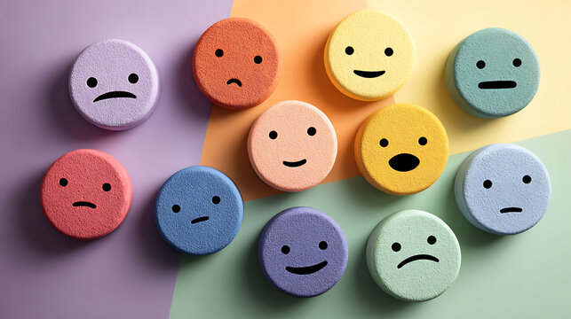 Colorful emotion icons representing different moods and emotional states. Mental health concept focused on wellbeing, psychology, feelings, awareness and self assessment