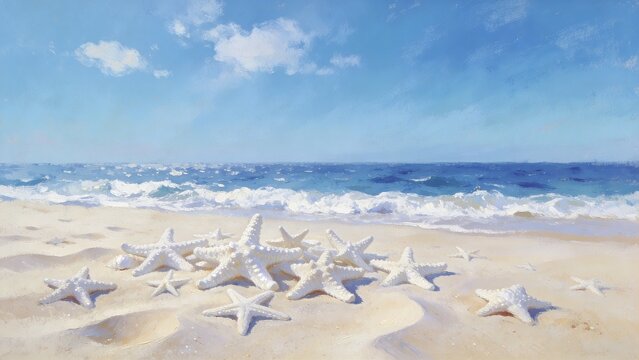 Starfish scattered on a serene beach with waves and blue sky