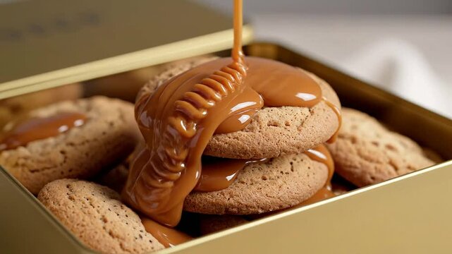 Delicious Homemade Cookies Drizzled with Rich Caramel Sauce in a Stylish Golden Tin Box Perfect for Sweet Treats and Dessert Displays