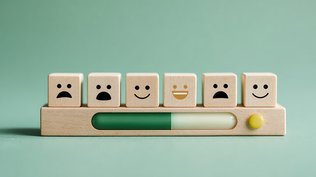 Mental health assessment and emotional wellbeing concept with mood tracking scale. Feedback indicator and facial expressions symbolize satisfaction, stress, recovery, awareness and balance