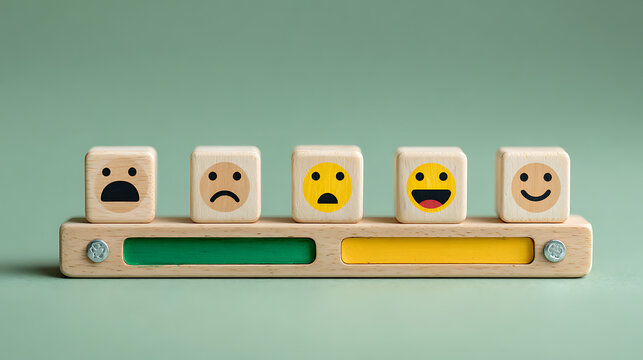 Wooden emotion rating scale with expressive faces from negative to positive moods. Mental health concept representing wellbeing, emotional assessment, satisfaction and feedback.
