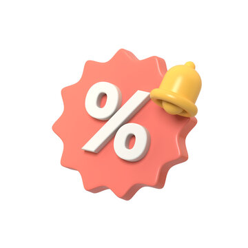 Vibrant 3D Render of Percentage Symbol and Bell Icon on a Serrated Tag Representing Special Offers Deals and Important Notifications.3d render