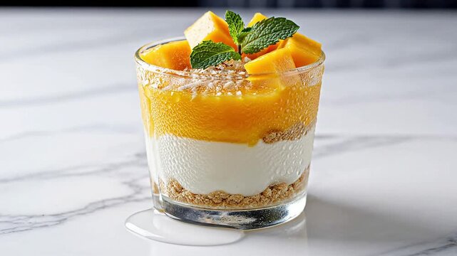 Delicious Mango Parfait with Creamy Yogurt, Crunchy Granola, and Fresh Mint Garnish Served in a Clear Glass on Marble Background