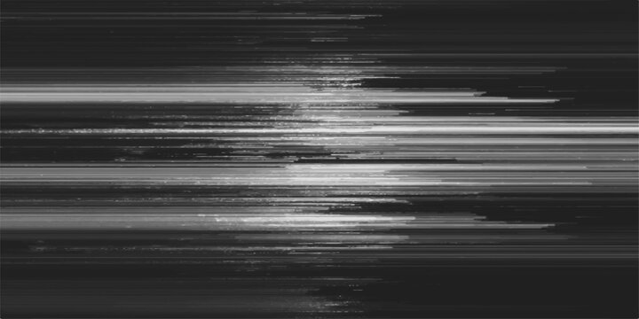 Abstract glitch art with horizontal lines and digital distortion in monochrome, creating a dynamic and chaotic visual texture.
