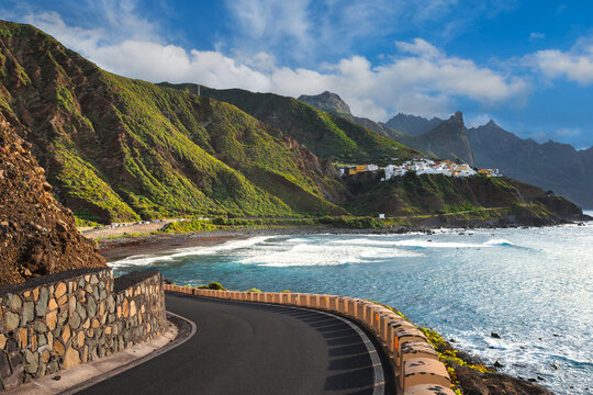Winding Coastal Road Along Dramatic Cliffs and Turquoise Atlantic Ocean Toward the Village of Taganana, Tenerife, Canary Islands, Spain