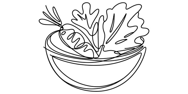 Continuous single line drawing of a fresh salad bowl with healthy vegetables like carrot and lettuce leaves in a simple artistic minimalist sketch style design Vector, illustration