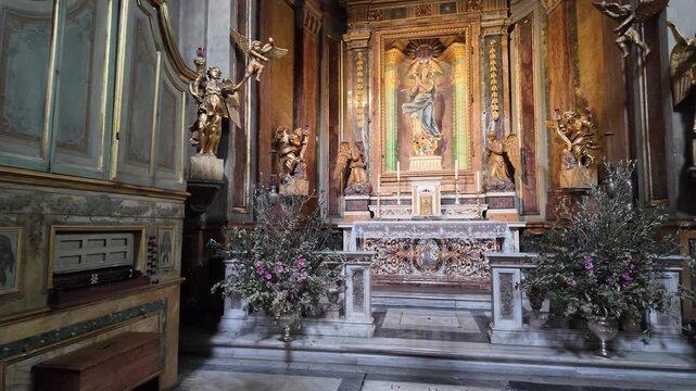 Cinematic shot of a side altar in the Basilica of Santa Maria in Aracoeli