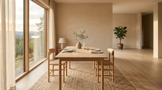 Minimalist dining table setup in bright Scandinavian interior with natural light and greenery