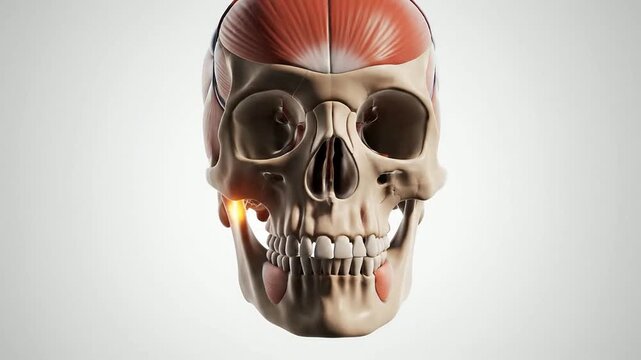 Detailed 3D Anatomical Illustration Of A Human Skull Highlighting Jaw Muscles And The Temporomandibular Joint For Educational Purposes