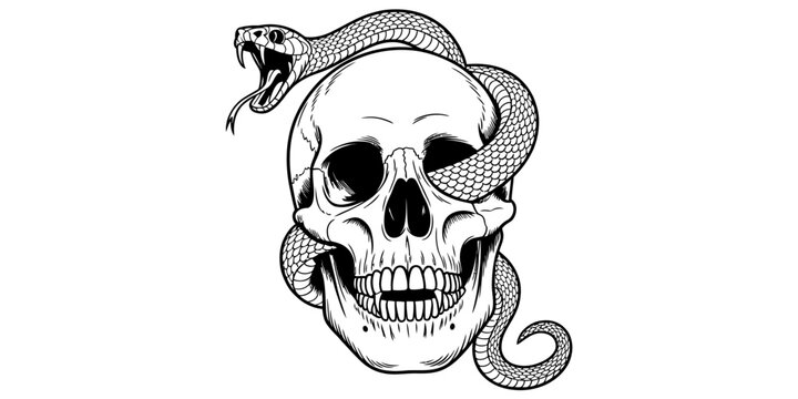 Fierce snake coiled around a human skull hand drawn ink style illustration for a cool tattoo design or gothic artwork with detailed scales and sharp teeth Vector, illustration