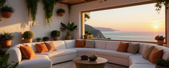 Obraz premium Modern white sectional sofa with orange cushions faces large window. Overlooks ocean sunset view from balcony with potted plants. Cozy outdoor lounge area invites relaxation and peace.
