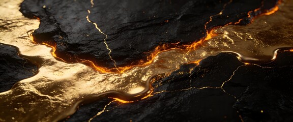 Obraz premium Liquid Gold Flowing through Cracked Black Volcanic Rock, Abstract Luxury Background