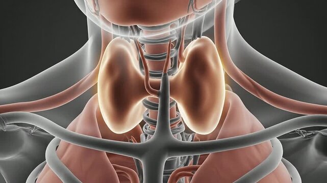 Detailed Anatomical Rendering Of The Thyroid Gland Highlighting Intricate Structures Set Against A Dark Gradient Background
